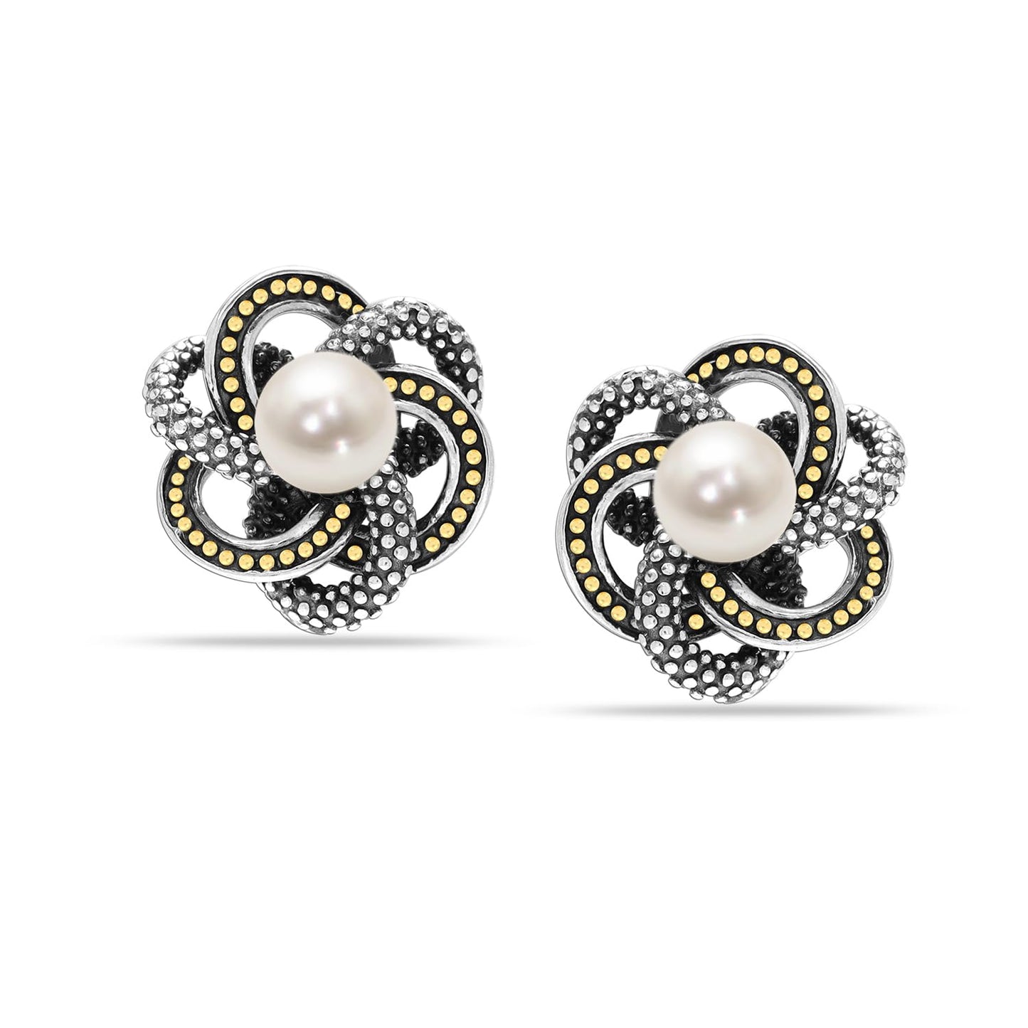 LeCalla 925 Sterling Silver Freshwater Pearl Earrings for Women | Caviar Beaded Pearl Clip-On Omega Back Stud Earring | Two-Tone Love Knot Earrings Gifts for Her 15MM