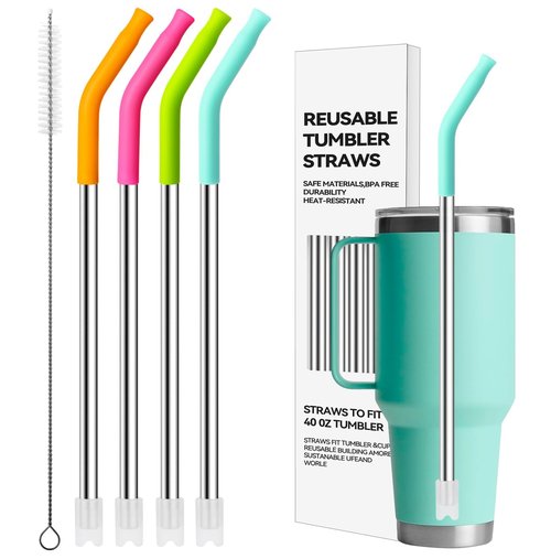 Bluwing Metal Straws with Silicone Tip for 42 oz YETI Tumbler, 4 Pcs Reusable Stainless Steel Straws for 42 oz YETI, 30oz Stanley Cup(Color 4)