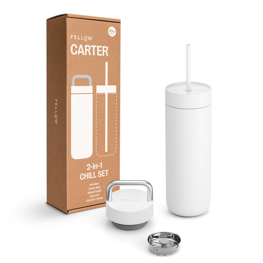 Fellow 20 oz Carter Water Bottle with 2 Lids - Leak-Proof Lid with Metal Handle - Cold Lid with Straw - Ceramic Interior & Vacuum-Insulated Stainless Steel - Matte White