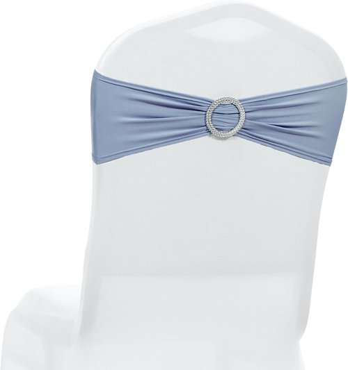MDS Spandex Chair Sashes - Pack of 125 Elastic Stretch Bows with Buckle Slider - Dusty Blue