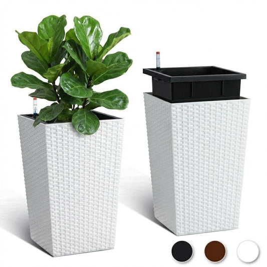 MilleLoom Set of 2 Tall 16-Inch Self-Watering Rattan Planters for Indoor & Outdoor – Large White Flower Pots with Drainage, Water Level Indicator & Trays, Modern Patio and Home Décor