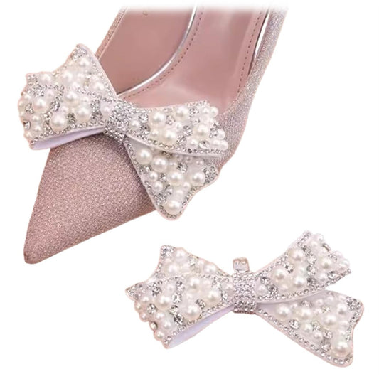 2 Pcs Pearl Bow Shoe Clips DIY Rhinestone Shoe Clips Bridal Wedding Shoe Accessories Detachable Shoe Buckle Heels Decor Beige White