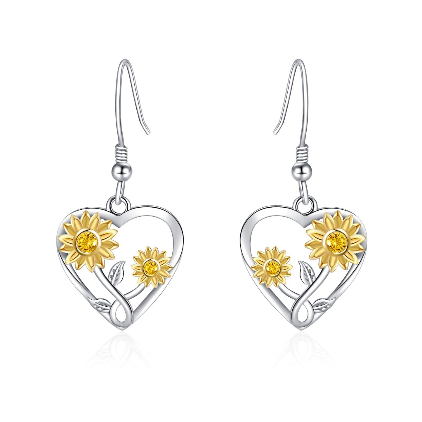 Silver Sunflower Heart Earrings for Women,925 Sterling Silver Sunflower,Daisy Heart Dangle Earrings, Sterling Silver, Cubic Zirconia
