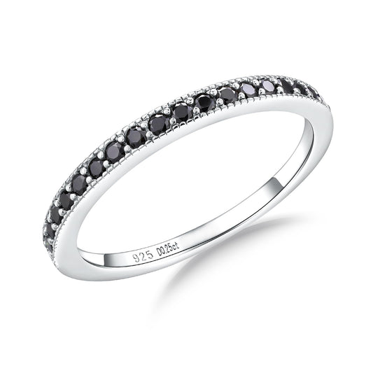 Black Diamond Ring 1.7mm Width Wedding Bands for Men Women 925 Sterling Silver Stackable Half Eternity Band Rings VVS 0.25 Carat Moissanite Anniversary Rings for Women, Size 6