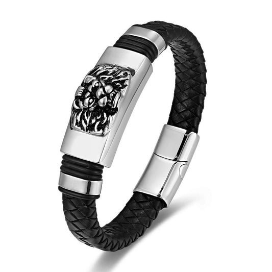 BIYONGDE Mens Womens Black Braided Leather Bracelet, Vintage Stainless Steel King Lion Head ID Identification