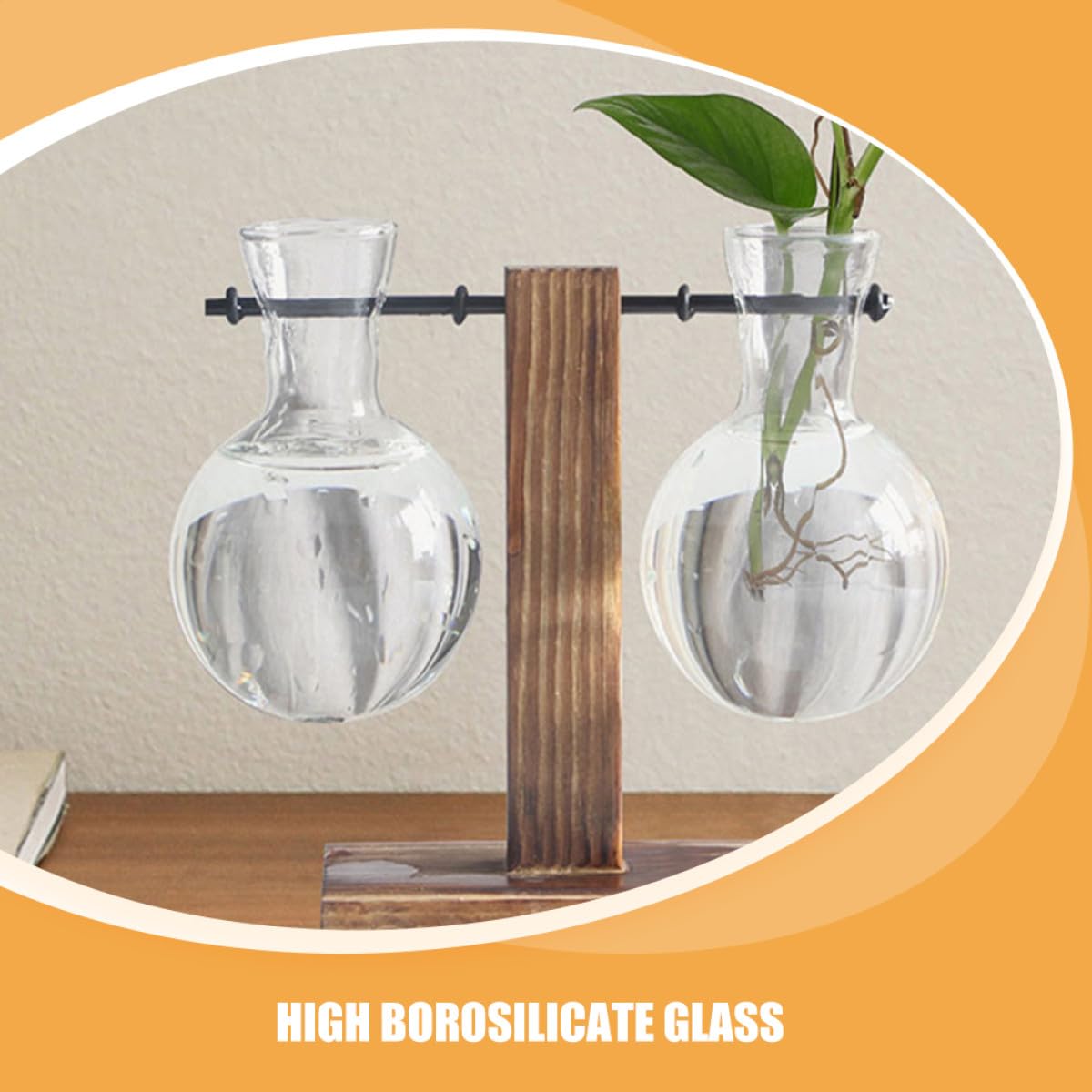 ARTIBETTER 3Pcs High Borosilicate Glass Hydroponic Vase with Holes on Wooden Stand, Desktop Glass Flower Planter for Plant Propagation and Terrarium Arrangement