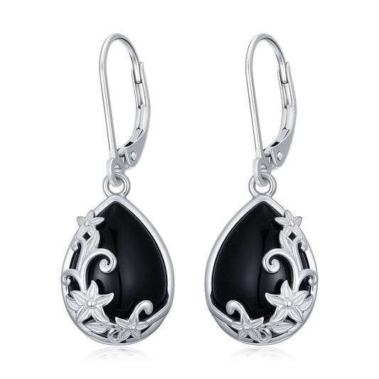 Black Onyx Earrings for Women 925 Sterling Silver Filigree Black Onyx Dangle Drop Earrings Teardrop Leverback Jewelry Mothers Day Gifts for Mom Girlfriend Wife