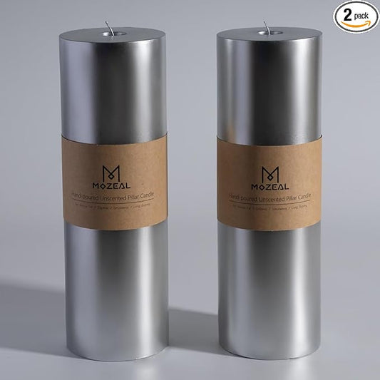 MOZEAL 4" x 12" Extra-Large Silver Pillar Candles (Set of 2), Unscented,Dripless, Smokeless,Long Clean-Burning,These Tall 12 inch Large Silver Pillar Candles Perfect for Weddings and Christmas Decor