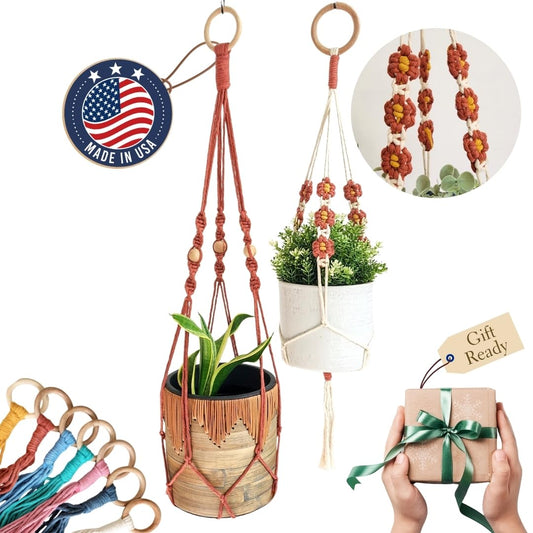 Set of 2 Macrame plant hanger with Daisies & Beads | Hanging plant holder Macrame Plant hangers outdoor and indoor hanging planters Plant stand indoor Boho Decor hanging planter stand (Cafe Latte)