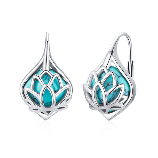 BDL Lotus Genuine Turquoise Leverback Earrings Sterling Silver Dangle Drop Jewelry for Women