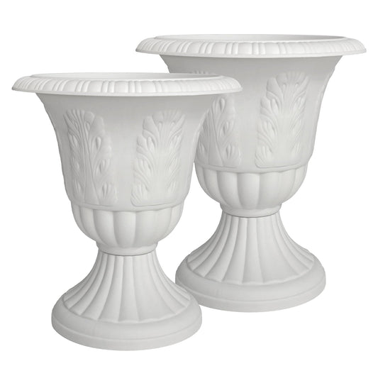 OUMUHE Set of 2 Goblet-Shaped Plastic Planter Urns, 16" H × 14.5" D Large Lightweight Durable Flower Pots, Decorative Indoor Outdoor Garden Patio Plant Containers (White)