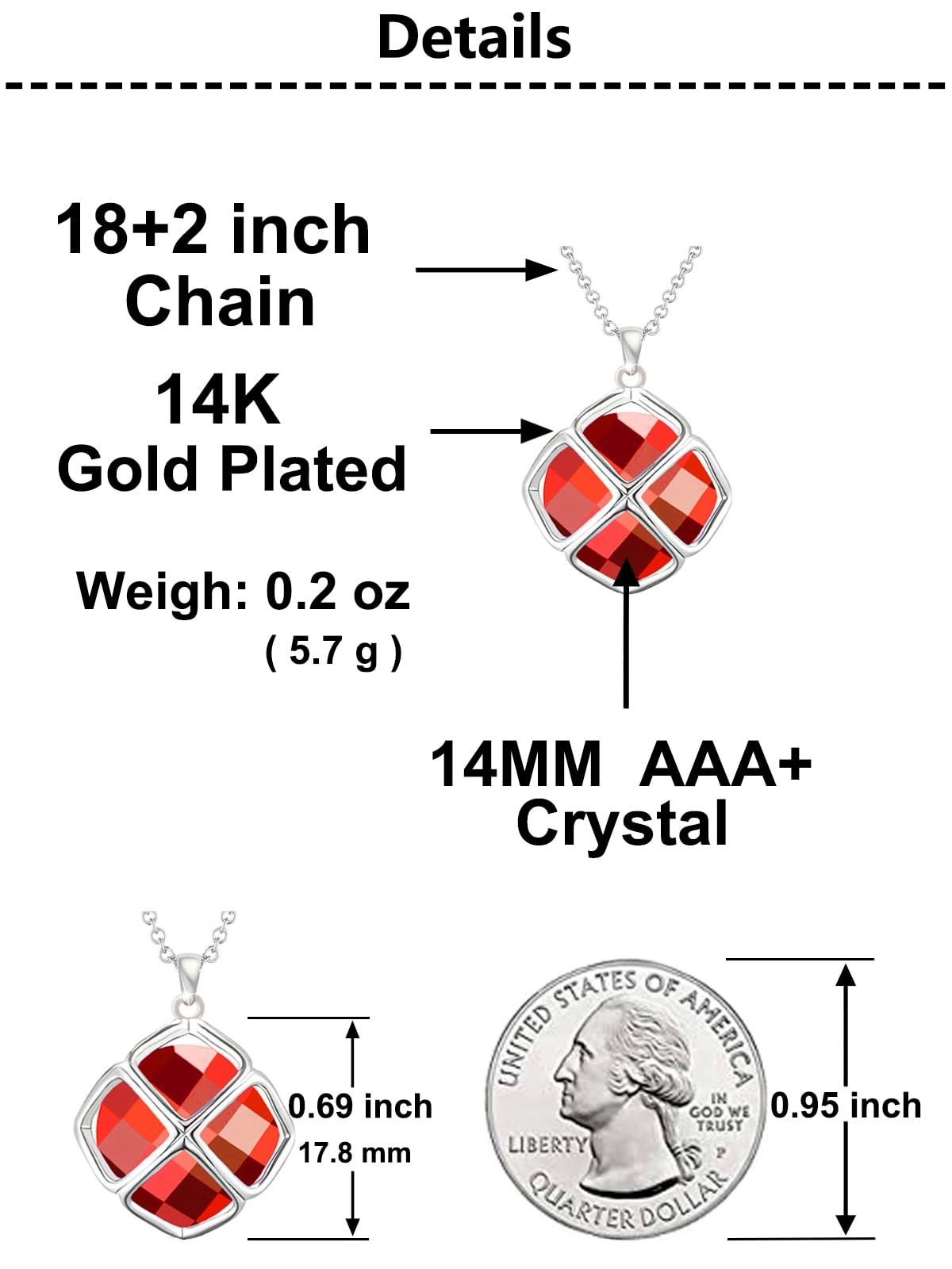 Qinpan 14MM Crystal Pendant Dangle Necklace Earrings Sets for Women Glod Plated Costume Jewelry, 38*17.8mm, Yellow Gold, Rose Quartz