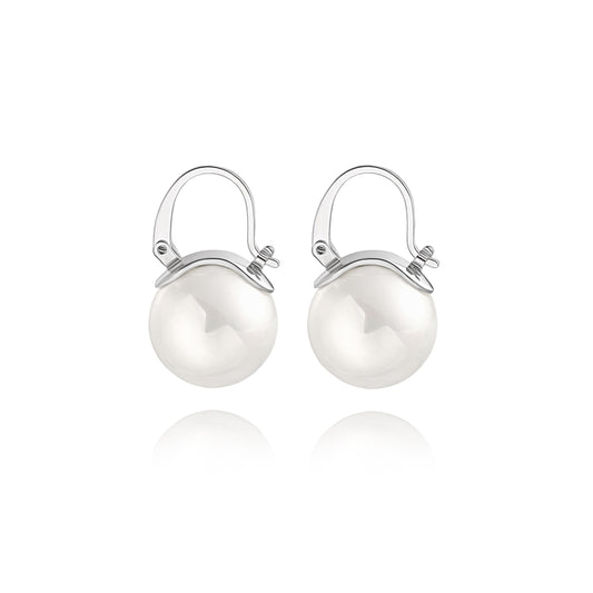 14mm Big Pearl Drop Earrings, Simple Silver Huggie Hoop Earrings, Dainty Wedding Jewelry for Bridal