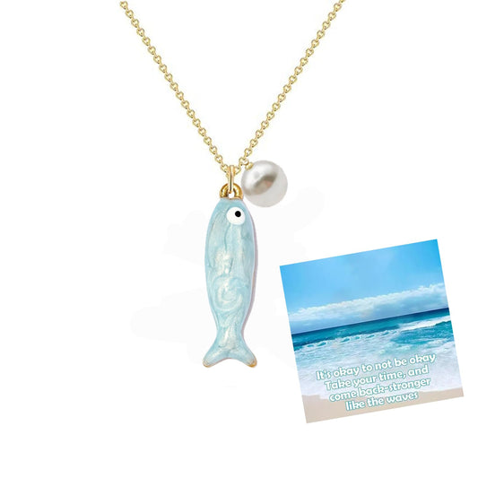 Boho Fish Charms Necklace for Women, Colorful Enamel Cats Eye Summer Sea Ocean Hawaiian Dainty Lucky Fish Pearl Pendant Necklaces Minimalist Surfer Jewelry for Her (Blue)