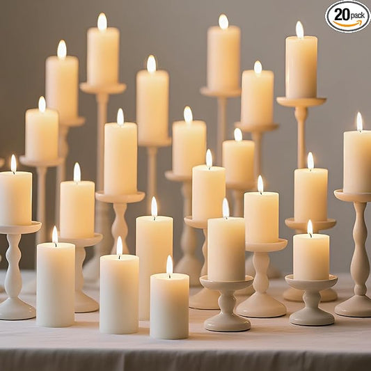 Set of 20 Pillar Candles, Unscented White Wax Pillar Candle with 30 Hours Burn Time, 2x4 Inch, Elegant Decorative White Candles for Weddings, Centerpiece, Home Decor