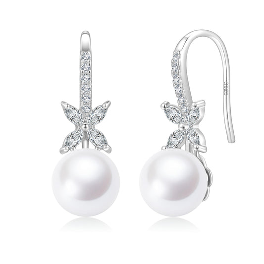 BAMIKI Pearl Drop Earrings for Women - 925 Sterling Silver 18k Gold Plated Hypoallergenic White Freshwater Cultured Pearls Ear Hook Earrings with Cubic Zirconia Jewelry Gifts for Mother Wife