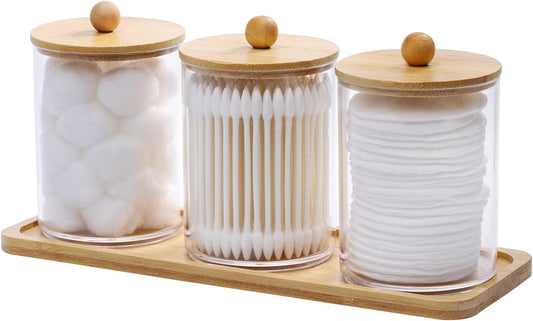 Tbestmax Cotton Swab Holder Set - Clear Apothecary Jar with Wood Lids | 10 Oz Bathroom Storage Containers (3 Pack)
