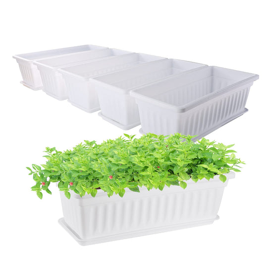 GREANER Plastic Flower Boxes Rectangle, 6 Pack Large Long Planter 16.9x7.48Inch Modern Thicken Vegetable Plant Pot with Tray for Garden, Kitchen, Houses, Offices, Balcony, Outdoor Indoor Use - White