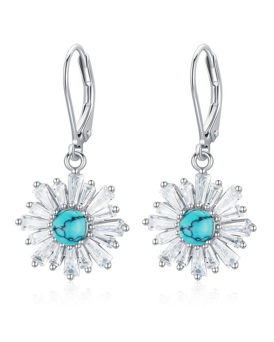 BDL Cubic Zirconia Flower Genuine Turquoise Leverback Earrings Sterling Silver Dangle Drop Jewelry for Women