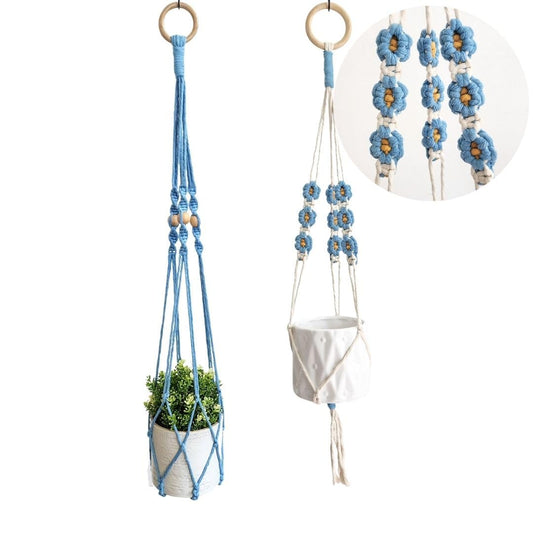 Set of 2 Macrame plant hanger with Daisies & Beads | Hanging plant holder Macrame Plant hangers outdoor and indoor hanging planters Plant stand indoor Boho Decor hanging planter stand (Cloudy Day)