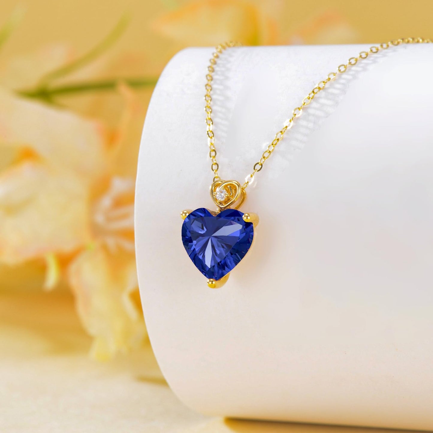 NFYBD 14k Gold Love Heart Blue Sapphire Birthstone Pendant Necklace for Women 3 Carat Heart-cut Created Gemstone Anniversary Birthday Mother's Day Necklaces for Her 16+1+1 inch-Sept