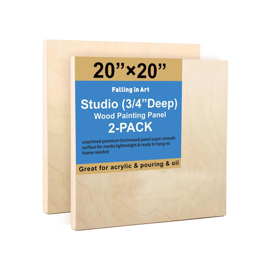 Unfinished Birch Wood Canvas Panels Kit, Falling in Art 2 Pack of 20 x20’’ Studio 3/4’’ Deep Cradle Boards for Pouring Art, Crafts, Painting, and More