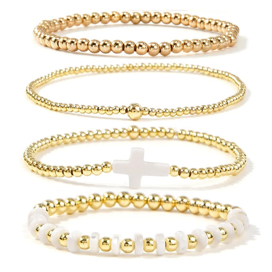 Bohxantium Gold Beaded Bracelets for Women - Stackable Cross Bracelet Stretch Gold Beads Stack Handmade Boho Dainty Non Tarnish Religious Jewelry Trendy Summer Friendship Christian Gift for Women