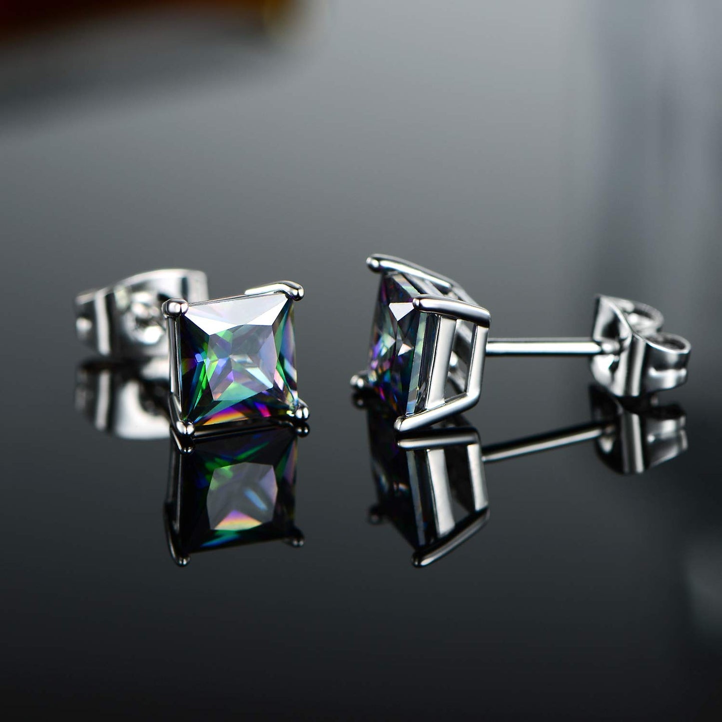 Rainbow Quartz CZ Studs Earrings Colourful Cubic Zirconia Ear Piercing 18K White Gold Plated Jewelry Gifts for Women Men(4mm square studs)