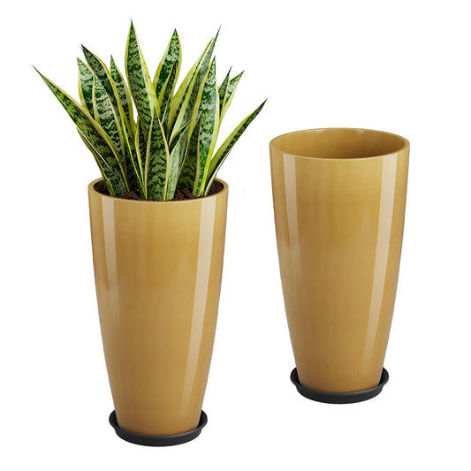 QCQHDU 21 inch Tall Planters for Outdoor & Indoor Plants, 2 Pack Sturdy Plant-Flower-Tree Pots for Front Porch Patio Deck Living Room Decor, Golden