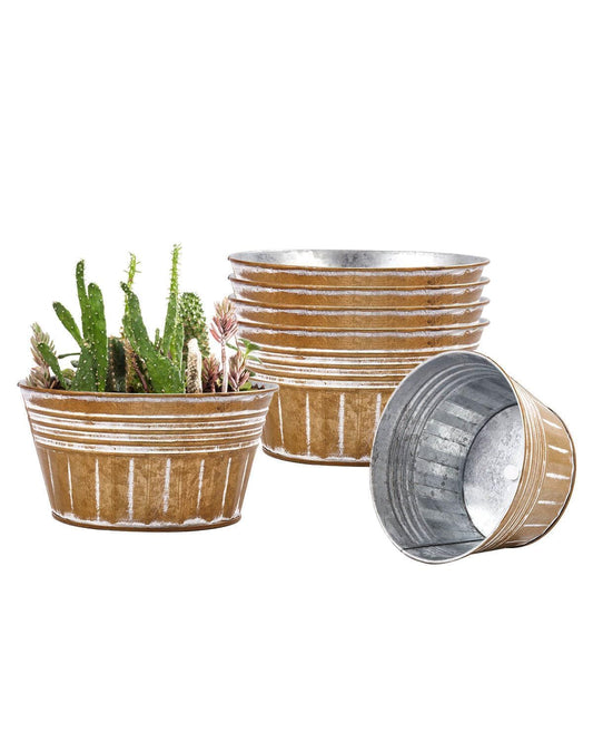 vensovo 8 Inches Brown Metal Rustic Plant Pots - 6Pcs Shallow Galvanized Planters with Drain Hole and Rubber Plug, Rustproof Tin Bucket Succulent Pot Indoor Farmhouse Vintage Style for Decor