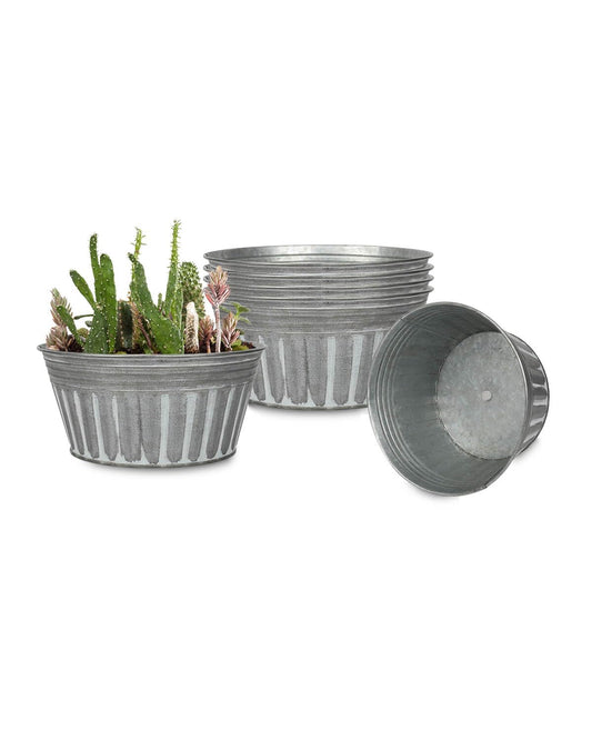 vensovo 8 Inches Silver Metal Rustic Plant Pots - 6Pcs Shallow Galvanized Planters with Drain Hole and Rubber Plug, Rustproof Tin Bucket Succulent Pot Indoor Farmhouse Vintage Style for Decor