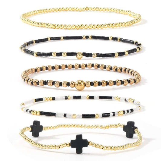 Bohxantium Gold Cross Beaded Bracelets Stack for Women, Black Boho 5PCS Stackable Stretch Set with 14K Gold Beads Waterproof Non Tarnish Jewelry for Beach Summer Party Christian Faith Friendship Gift