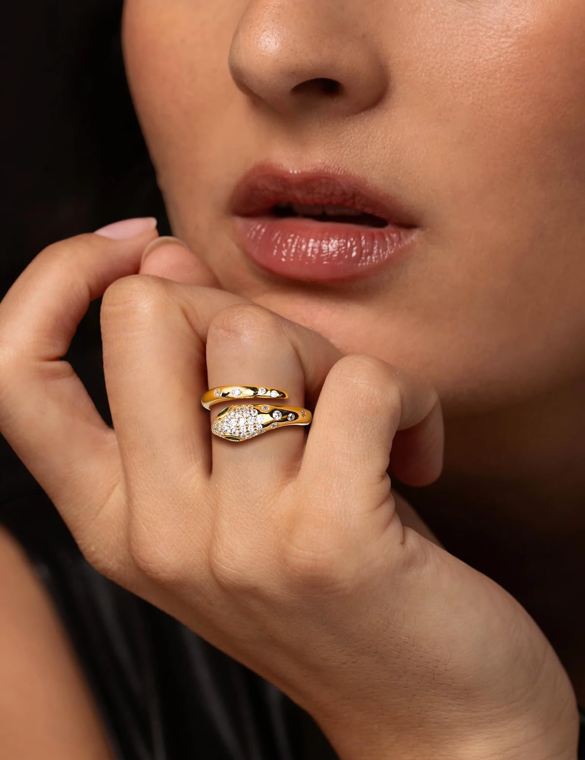 RANDES 14K Gold Plated Fashion Snake Statement Adjustable Ring Sterling Silver Cocktail Punk Jewelry Emerald Cz Snake Rings for Women Size 6
