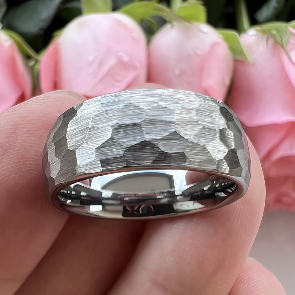 TUTISS 8mm Hammered Tungsten Rings for Men Women Fashion Engagement Wedding Bands Domed Matte Finish Comfort Fit Size 6