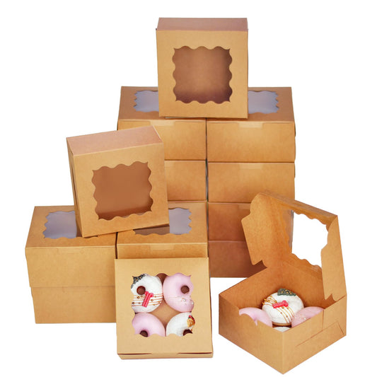 Bakepacker Brown 30-Packs Bakery Boxes with Window 6x6x3 inches Thick & Sturdy Macaroon Pastry Boxes Cookie Boxes for Bakerys
