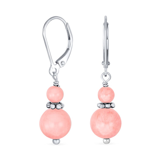 Bling Jewelry Gemstone Natural Pink Coral Boho Bali Milgrain Edged Beaded Rondel Separator Double Ball Round Drop Dangle Earrings For Women Teen .925 Sterling Silver Lever back