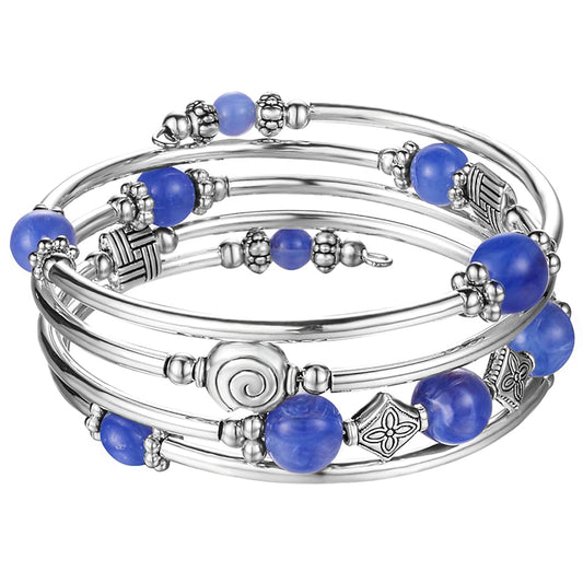 Beaded Pearl Bangle Wrap Bracelet - Fashion Bohemian Jewelry Multilayer Charm Bracelet with Thick Silver Metal Beads, Gift For Women(Blue)