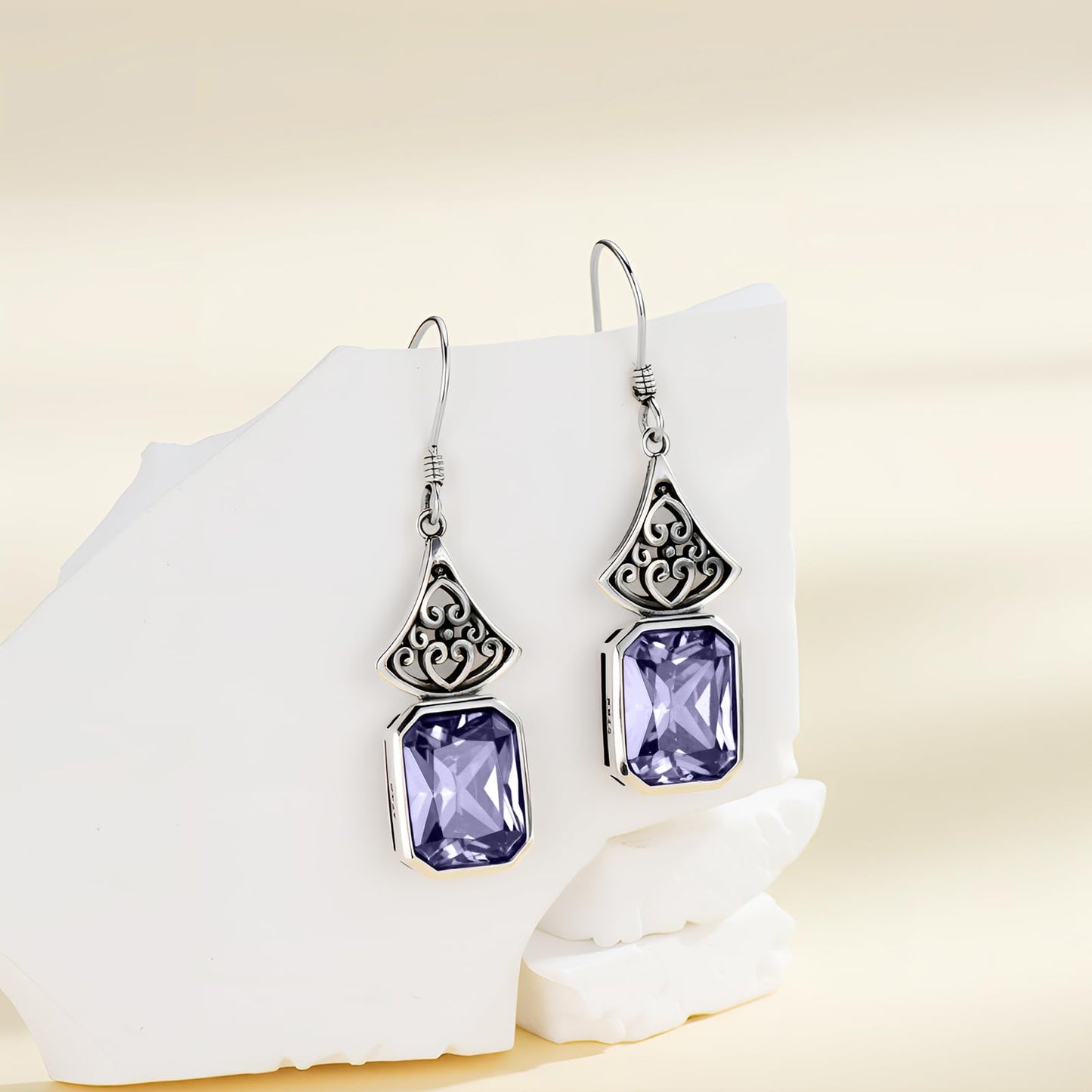 Vintage Earrings 925 Sterling Silver Oxidized Dangle Drop Earrings with Emerald Cut Violet Purple June Birthstone Anniversary Jewelry Gifts for Women