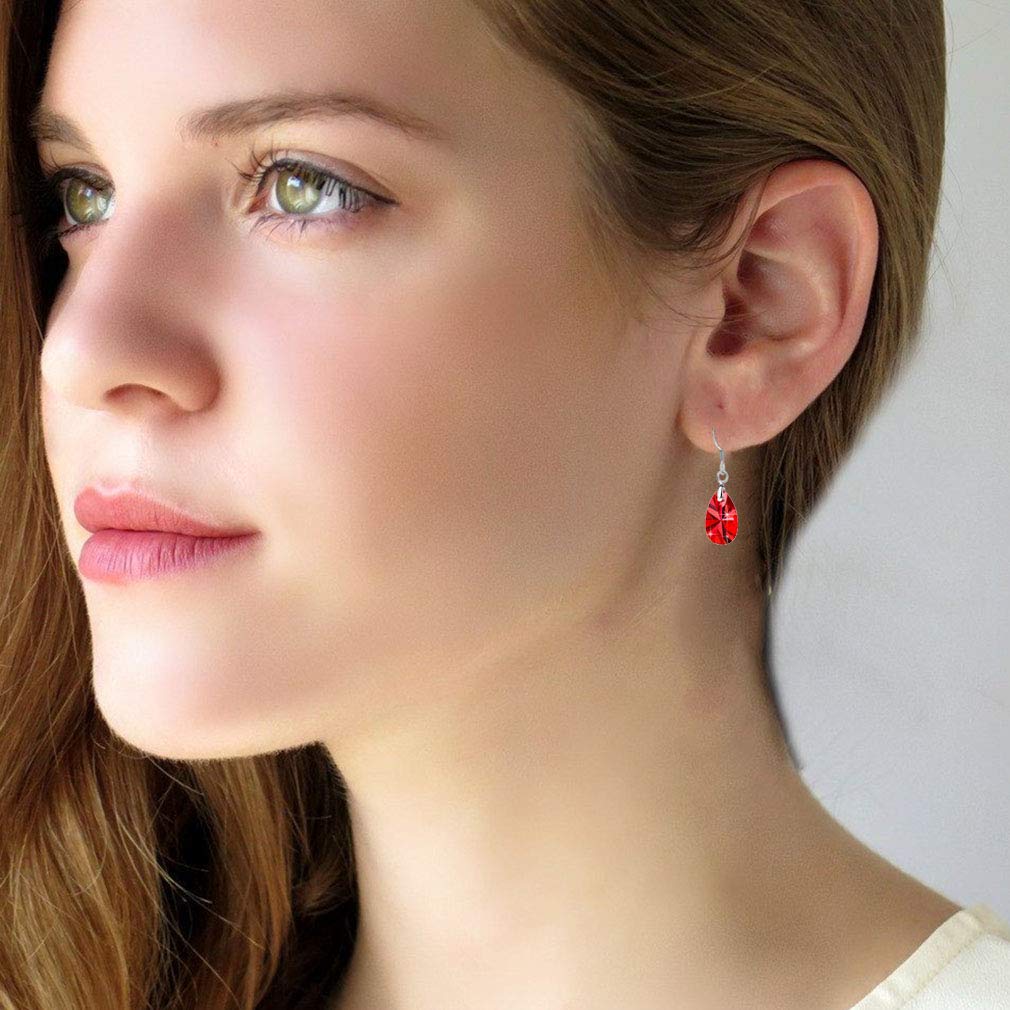 Teardrop Austrian Crystal Drop Dangle Earrings for Women 925 Sterling Silver Hook Hypoallergenic Earring (Red)