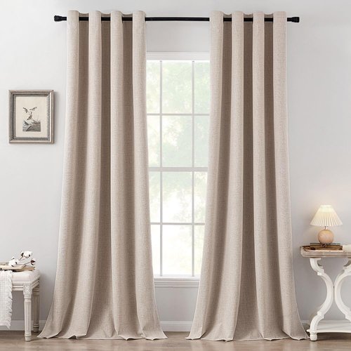 MIULEE 100% Blackout Linen Textured Curtains - Extra Long 112 Inches, Thermal Insulated, Natural Beige (2 Panels)