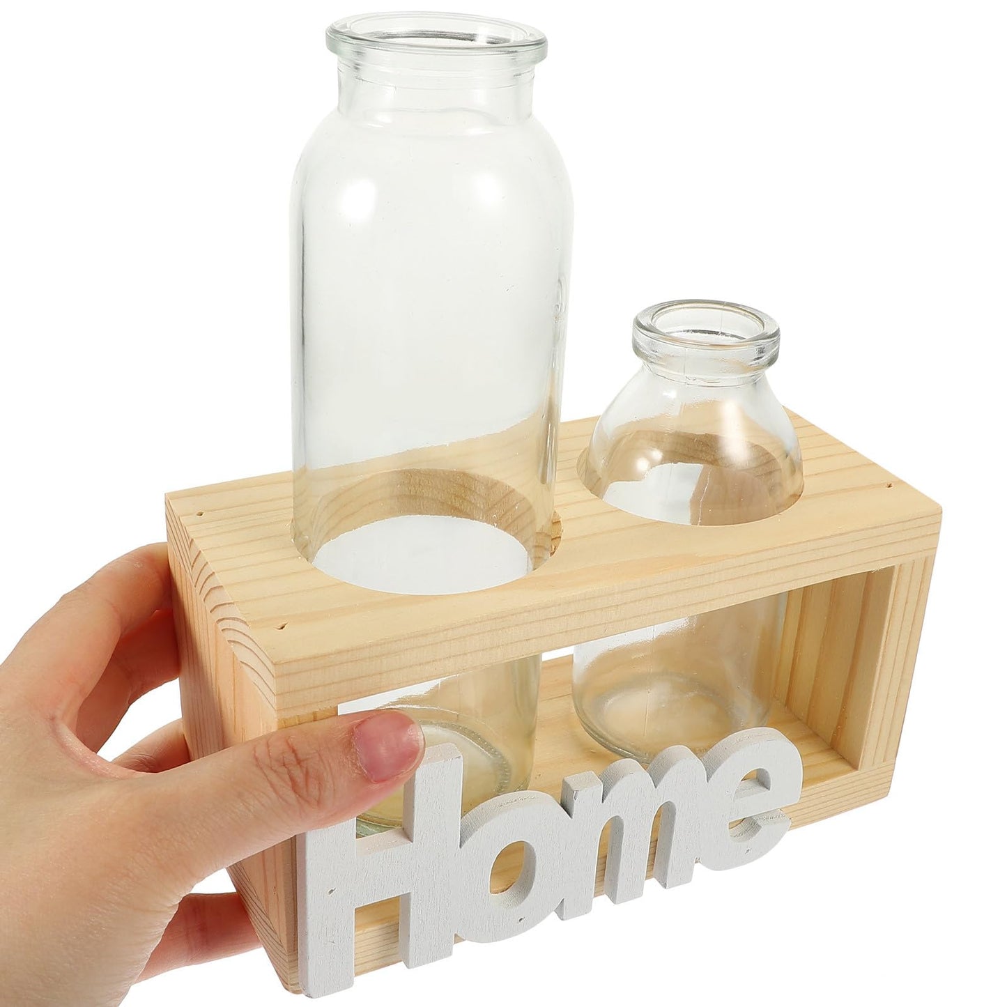 Ciieeo Glass Planter with Wooden Rack, Hydroponic Glass Vase for Plant Propagation, Decorative Flower Terrarium for Home and Office Desktop, 2pcs