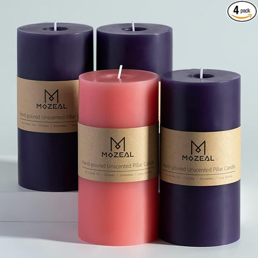 MOZEAL 3" x 6" Hand-Poured, Unscented Pillar Candles. Each Offers Approx 115 Hours of Clean, Long-Lasting Burn Time. Dripless Candles Set of 4, Ideal for Advent Wreath