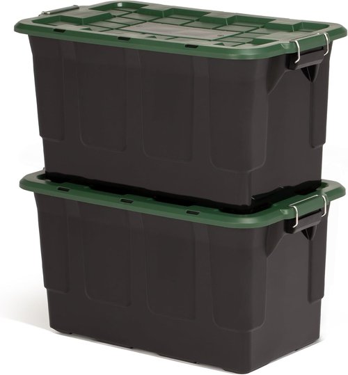 HOMZ 30-Gallon Plastic Stackable Storage Bins - Latching Lid & Handles for Home Organization | Black/Green 2-Pack
