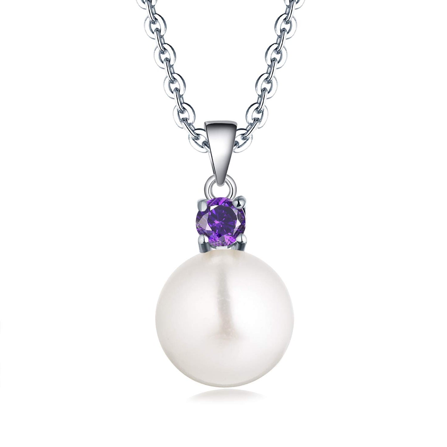 JO WISDOM Women Necklace,925 Sterling Silver Cubic Zirconia 10mm White Freshwater Pearl Pendant Necklace,February Birthstone Amethyst Color