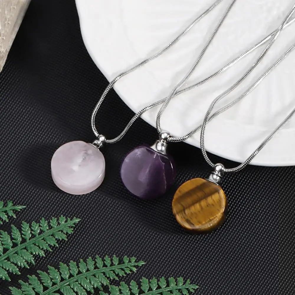 925 Sterling Silver Essential Oil Necklace For Women And Men, 14K Gold Filled Natural Stone Round Perfume Bottle Necklace, Essentials Oil Diffuser Vial Necklace (3 - Essential Oil Necklace)