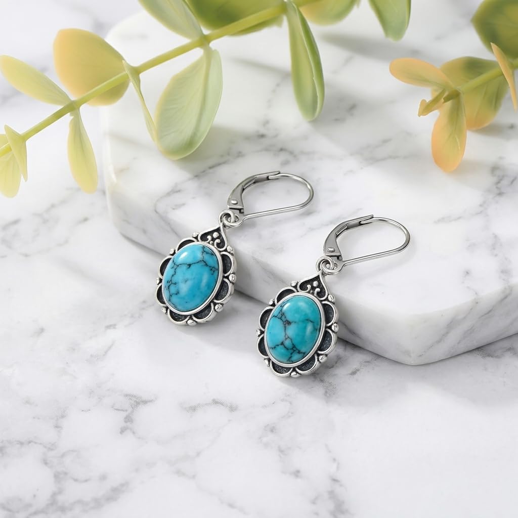 Turquoise Drop Earrings for Women 925 Sterling Silver Vintage Oval 9x7mm Filigree Leverback Dangle Earrings, Gothic Victorian Antique Jewelry Gifts