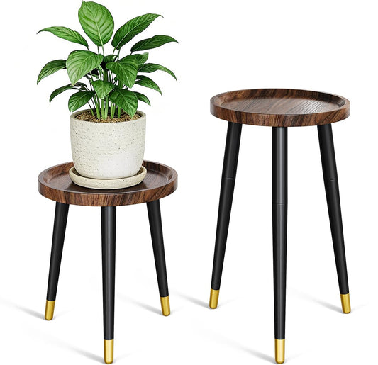 AZADESJET Plant Stand Indoor 2 Pack, Wood Mid Century Indoor Plant Stand, Tall Plant Stands for Flower Pot, Modern Plant Table, Small Side End Table With Raised Design, Walnut, 11.7"x18.8" & 11.7"x13"