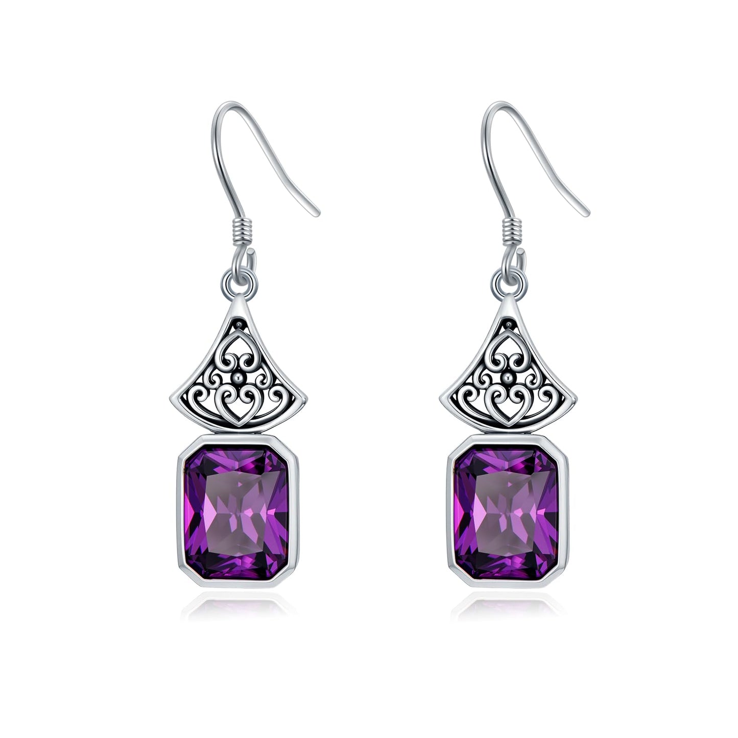925 Sterling Silver Vintage Oxidized Dangle Drop Earrings with Emerald Cut Purple Amethyst February Birthstone Anniversary Jewelry Gifts for Women