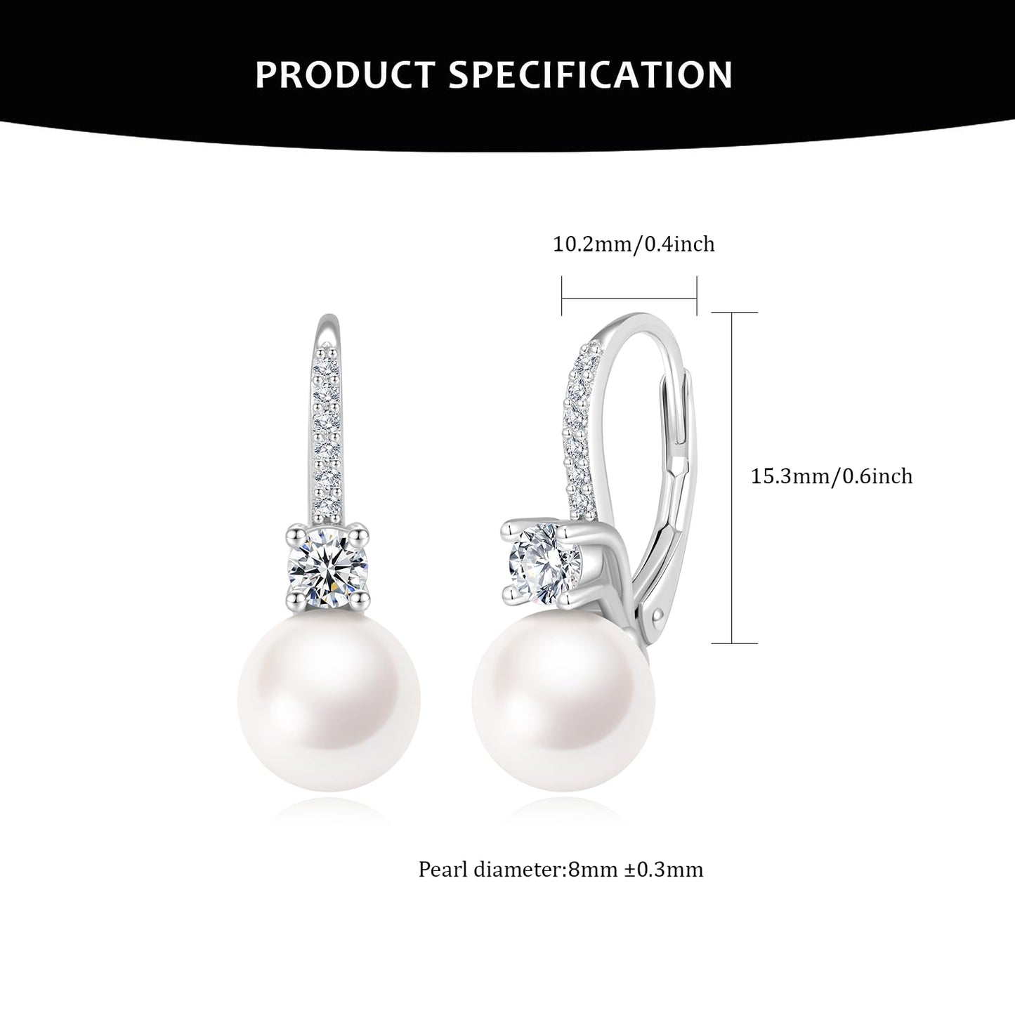BAMIKI Pearl Drop Dangle Earrings 925 Sterling Silver Cubic Zirconia Leverback Earrings, 8MM Round Freshwater Cultured Pearls Jewelry Gifts for Women Wife Mother