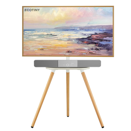 ECOTINY Tripod Easel TV Stand for 43–65 Inch TVs, Height Adjustable Swivel Floor Stand with Wooden Tray and Cable Management, VESA 400x400, Minimalist White